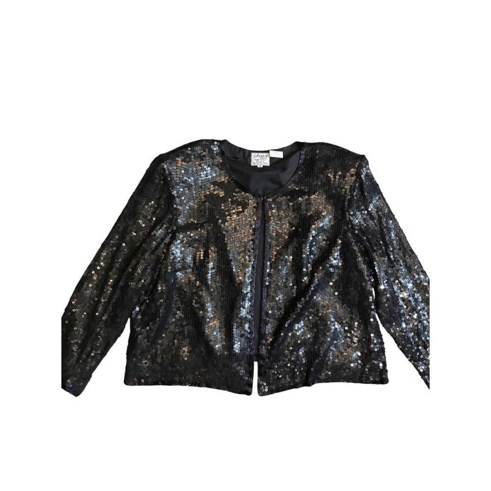 Vintage Stenay Plus 2X Black Sequin Beaded 100% Silk Evening Jacket Y2K Formal